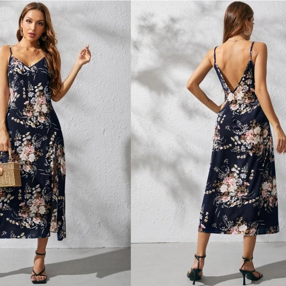 SALE NEW! Sizes 6. 8/10 or 12 Low Back Split Thigh Floral Print Slip Dress - Picture 2 of 3